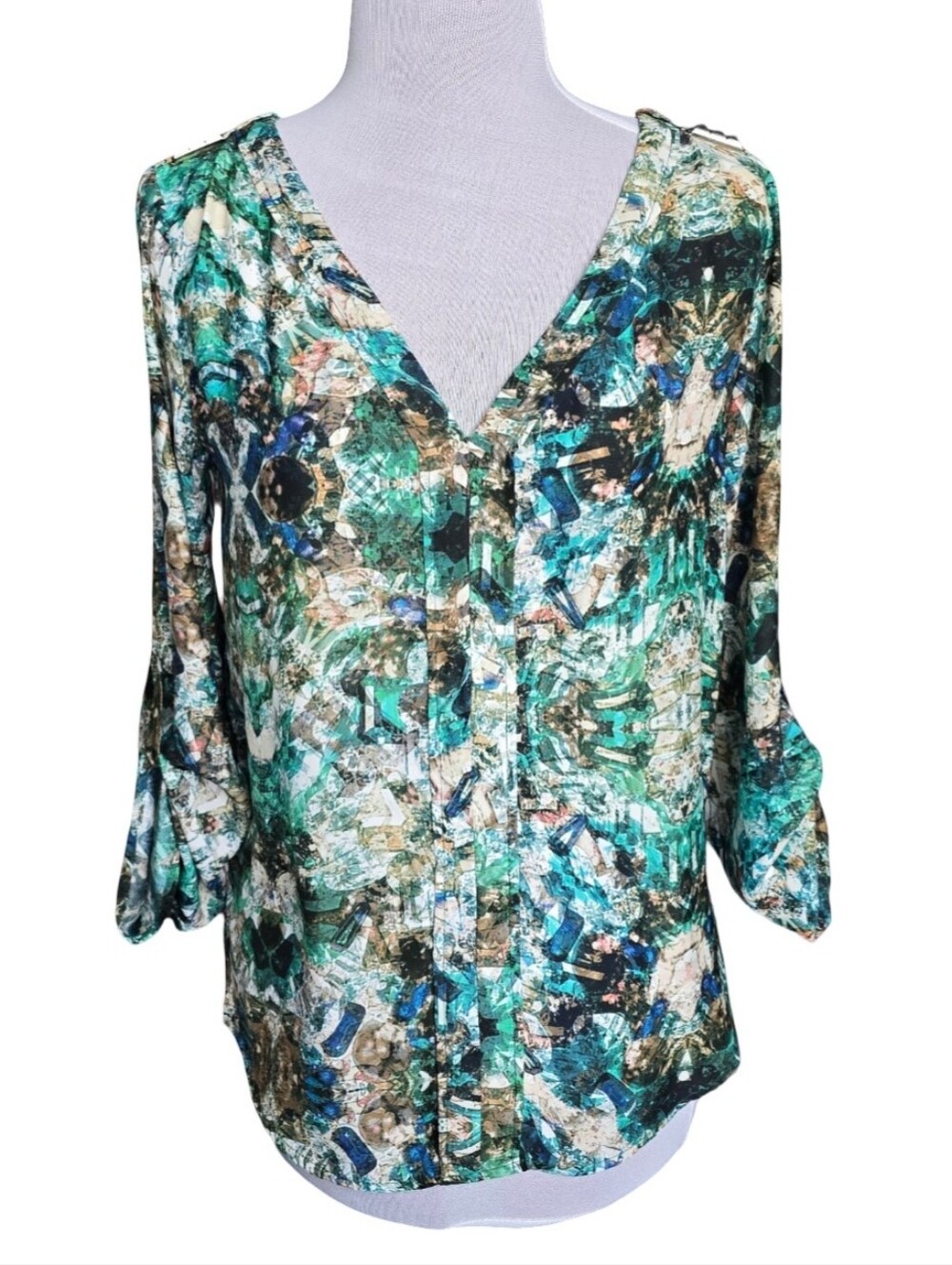 Zara Jewel Green Kaleidoscope Abstract Long Sleeve Blouse Size XS Boho Career